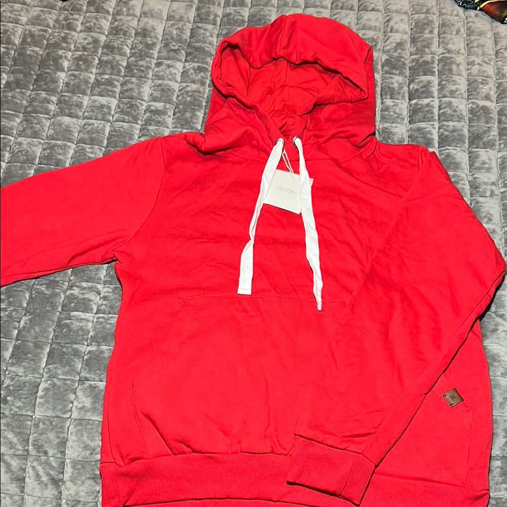 Doublju Red Oversized Hoodie with White Drawstrings